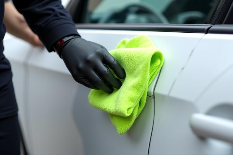 Professional detailer using microfiber on a high-end vehicle