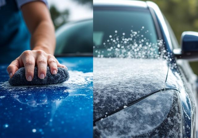 Side by side comparison of a professional hand wash versus a mechanical car wash brush